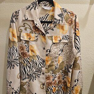 Vintage Peter Popovitch Floral & Zebra Print Silk Blend Blouse 90s Y2K